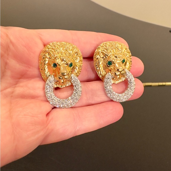 NWOT Authentic Vintage Retro Luxury Kenneth Jay Lane Lion Door Knocker Earrings - Picture 12 of 15